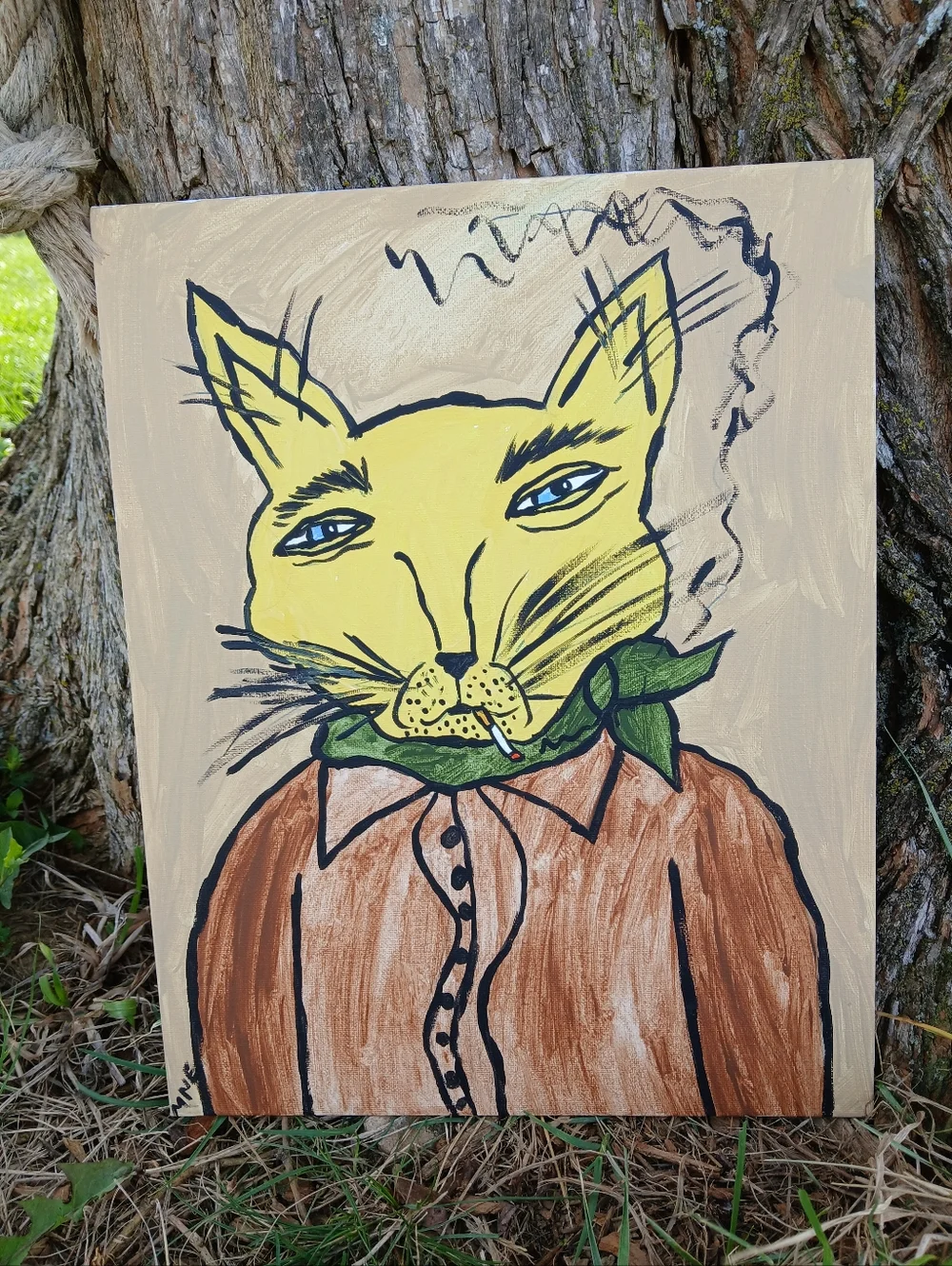 Smoking Cat Painting Folk Art - Picture 9 of 10
